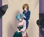  adjusting_hair alternate_hairstyle aqua_eyes aqua_hair brown_eyes brown_hair camera double_bun earrings formal hatsune_miku hirabaru_kenji japanese_clothes jewelry kimono meiko multiple_girls necktie sitting skirt skirt_suit suit umbrella vocaloid 