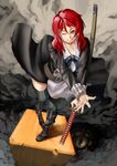  absurdres blue_eyes boots face hands highres katana legs long_hair one_eye_closed original realmbw red_hair sheath sheathed smile solo sword weapon 