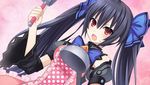  :o apron black_hair blush bow chou_megami_shinkou_noire_gekishin_black_heart detached_sleeves dutch_angle game_cg hair_ornament hair_ribbon highres holding ladle long_hair manamitsu neptune_(series) noire non-web_source official_art open_mouth pink_background polka_dot polka_dot_apron puffy_sleeves red_eyes ribbon solo sweatdrop twintails v-shaped_eyebrows 