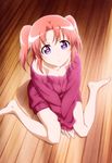  absurdres artist_request bangs bare_legs barefoot between_legs blush breasts cleavage collarbone dress eyebrows_visible_through_hair from_above hand_between_legs highres indoors long_sleeves looking_at_viewer looking_up medium_breasts mikakunin_de_shinkoukei official_art pink_hair purple_eyes short_hair sitting solo sweater sweater_dress two_side_up wariza yonomori_kobeni 