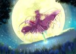  capelet coat crescent dress full_moon hat long_hair long_sleeves mob_cap moon night open_clothes open_coat patchouli_knowledge purple_hair ram_hachimin sky solo striped striped_dress touhou very_long_hair water waves wide_sleeves 