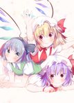  blonde_hair dress flandre_scarlet girl_sandwich green_dress grey_eyes hair_ribbon hat konpaku_youmu looking_at_viewer lying mob_cap multiple_girls nagii_yuki on_person on_stomach puffy_sleeves purple_hair red_dress red_eyes remilia_scarlet ribbon sandwiched shirt siblings silver_hair sisters smile sparkle touhou white_dress wings 