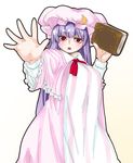 :o blush book breasts capelet chestnut_mouth crescent crescent_hair_ornament foreshortening hair_ornament hat highres hiro_(h-net) large_breasts long_hair long_sleeves looking_at_viewer mob_cap nightgown outstretched_hand patchouli_knowledge plump purple_hair red_eyes solo touhou v-shaped_eyebrows very_long_hair 