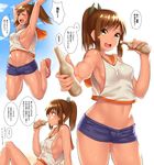  alternate_bottom_wear armpits blush breasts brown_eyes brown_hair commentary highres i-401_(kantai_collection) jumping kantai_collection mizuse_kouichi no_bra ponytail sandals shorts sideboob small_breasts smile tan translated 