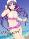  bikini breasts green_eyes highres large_breasts long_hair love_live! love_live!_school_idol_project low_twintails mihatarou natsuiro_egao_de_1_2_jump! purple_hair smile solo swimsuit toujou_nozomi twintails 