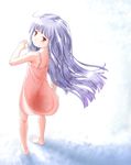  absurdres bare_shoulders barefoot dress from_behind full_body haty highres long_hair looking_at_viewer looking_back original purple_hair red_eyes snowflakes solo standing 