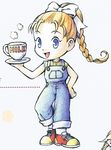  1girl blue_eyes cup harvest_moon looking_at_viewer official_art orange_hair ponytail simple_background 