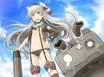  amatsukaze_(kantai_collection) black_panties blue_sky breasts brown_eyes cloud cowboy_shot damaged day dress garter_straps gloves hair_tubes hand_on_hip highres kantai_collection long_hair long_sleeves looking_at_viewer navel open_mouth outdoors panties qome rensouhou-kun sailor_dress short_dress side-tie_panties silver_hair single_glove sky small_breasts solo standing striped striped_legwear surprised thighhighs torn_clothes torn_dress torn_panties torpedo two_side_up underwear white_gloves 