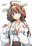  ahoge bare_shoulders blue_eyes blush body_mahattaya_ginga brown_hair detached_sleeves double_bun hairband hand_on_hip headgear kantai_collection kongou_(kantai_collection) long_hair nontraditional_miko open_mouth remodel_(kantai_collection) ribbon-trimmed_sleeves ribbon_trim simple_background solo upper_body white_background yellow_hairband 
