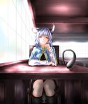  animal_ears arm_rest black_legwear capelet ceiling chair highres kneehighs knees_together light_smile long_sleeves looking_at_viewer mouse_ears mouse_tail nazrin pov_across_table red_eyes short_hair silver_hair solo sunlight table tail thcapenxer1234 touhou window 