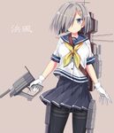  black_legwear blue_eyes breasts character_name gloves hair_ornament hair_over_one_eye hairclip hamakaze_(kantai_collection) kantai_collection kuhotaka large_breasts looking_at_viewer machinery pantyhose pleated_skirt school_uniform serafuku short_hair silver_hair skirt solo translated turret white_gloves 