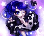  apron blue_eyes blue_hair cloud crescent demon_tail doremy_sweet dress eyelashes finger_to_mouth flying hiyoko_risu looking_at_viewer one_eye_closed pom_pom_(clothes) ponytail short_sleeves socks solo sparkle sparkling_eyes star_(sky) tail tapir_tail touhou waist_apron wavy_hair 