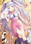  amiami_(company) blue_eyes blush bunny calico cat cat_teaser fish from_above gear-tan long_hair looking_at_viewer lying on_back solo very_long_hair yumekui 