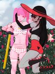  adventure_time ass bite_mark boots bubblegum earrings elbow_gloves gloves grey_skin high_heel_boots high_heels jewelry m-i-q marceline_abadeer midriff multiple_girls navel pink_hair pink_skin pointy_ears princess_bonnibel_bubblegum red_eyes see-through short_shorts sun_hat sword thigh_boots thighhighs twintails vampire 