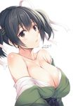  2015 bandana bangs bare_shoulders black_hair blush breasts brown_eyes cleavage collarbone dated eyebrows_visible_through_hair hair_ribbon japanese_clothes kantai_collection large_breasts looking_at_viewer looking_to_the_side off_shoulder parted_lips remodel_(kantai_collection) ribbon shiny shiny_skin short_hair simple_background smile solo souryuu_(kantai_collection) tomozo_kaoru twintails twitter_username upper_body white_background white_ribbon 