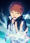  absurdres aokiku brown_hair electricity emiya_shirou fate/stay_night fate_(series) highres jacket male_focus orange_hair outstretched_hand solo track_jacket yellow_eyes 