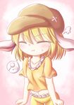  :t ? absurdres angry animal_ears blonde_hair bunny_ears collarbone crossed_bandaids dango dior-zi floppy_ears food hat highres midriff navel orange_shirt ringo_(touhou) shirt short_hair short_sleeves skewer solo speech_bubble spoken_object spoken_question_mark touhou wagashi 