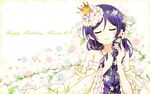  cherry_blossoms commentary crown floral_print flower hair_flower hair_ornament hair_over_shoulder hair_vines happy_birthday japanese_clothes karamoneeze kimono long_hair long_sleeves love_live! love_live!_school_idol_project mini_crown off_shoulder petals purple_hair smile solo toujou_nozomi upper_body very_long_hair wide_sleeves 