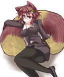  :3 animal_ears black_legwear brown_eyes brown_hair formal futatsuiwa_mamizou glasses hair_ornament jacket leaf_hair_ornament long_sleeves miniskirt mumumu office_lady pantyhose pencil_skirt raccoon_ears raccoon_tail shirt sitting skirt skirt_suit smirk solo suit tail touhou 