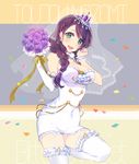  bare_shoulders bittersweet_(dalcoms) blush bouquet braid breasts bridal_veil bride brown_hair commentary crown diadem dress elbow_gloves flower garter_straps gloves green_eyes hair_over_shoulder highres jewelry large_breasts long_hair love_live! love_live!_school_idol_festival love_live!_school_idol_project ribbon short_dress side_braid smile solo thighhighs thighs toujou_nozomi veil wedding wedding_dress wrist_ribbon zettai_ryouiki 