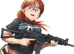 akx-9 assault_rifle didloaded goggles gun holding holding_gun holding_weapon long_hair looking_at_viewer open_mouth orange_eyes orange_hair original ponytail rifle simple_background solo trigger_discipline weapon 