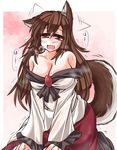  animal_ears breasts brooch brown_eyes brown_hair cleavage ear_wiggle fang heavy_breathing imaizumi_kagerou jewelry large_breasts long_sleeves mumumu off_shoulder open_mouth shirt sitting skirt smile solo sweat tail touhou wide_sleeves wolf_ears wolf_tail 