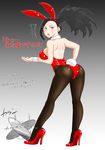  1girl :o animal_ears ass back-seamed_legwear bare_back black_eyes black_hair black_legwear blush boku_no_hero_academia breasts bunny_ears bunny_tail bunnysuit covered_nipples fake_animal_ears fake_tail from_behind full_body gradient gradient_background high_heels highres large_breasts leaning_back long_hair looking_back pantyhose ponytail red_footwear seamed_legwear shoes solo surprised sweatdrop syrup21g tail translation_request wrist_cuffs yaoyorozu_momo 