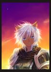  animal_ears armor blue_eyes border commentary dark_skin doraeshi facial_mark final_fantasy final_fantasy_xi head_tilt highres looking_at_viewer mithra open_mouth paladin_(final_fantasy) pauldrons short_hair sky smile solo star_(sky) sunset tearing_up tears upper_body white_hair wind 