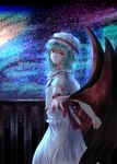  arm_behind_back balcony bat_wings blue_hair hat head_tilt highres light_frown looking_at_viewer mob_cap outstretched_hand red_eyes remilia_scarlet short_hair short_sleeves skirt skirt_set sky solo star_(sky) starry_sky thcapenxer1234 touhou wings wrist_cuffs 
