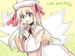  2015 blonde_hair dated dress hat interlocked_fingers lily_white long_hair ribbon smile solo tako_(plastic_protein) touhou wings 