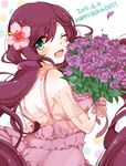  2015 ;d bad_id bad_pixiv_id bouquet dated dress flower green_eyes hair_flower hair_ornament happy_birthday love_live! love_live!_school_idol_project one_eye_closed open_mouth purin_(purin0) purple_dress purple_hair scrunchie smile solo toujou_nozomi twintails 