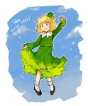  aki_shizuha alternate_color blonde_hair dated dress hair_ornament hat leaf leaf_hair_ornament open_mouth short_hair smile solo tako_(plastic_protein) touhou yellow_eyes 