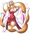  animal_ears bell blonde_hair detached_sleeves dress fang fox_ears fox_tail full_body hair_bell hair_ornament highres inari_(sennen_sensou_aigis) long_sleeves multiple_tails mumumu open_mouth red_dress sennen_sensou_aigis smile solo tail wide_sleeves yellow_eyes 