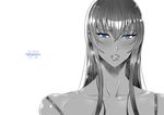  blue_eyes blush busujima_saeko english eyelashes face fei_(maidoll) greyscale highschool_of_the_dead long_hair monochrome parted_lips portrait simple_background solo spot_color sweat white_background 