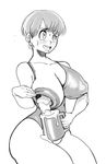  1girl blush breasts bulma bulma_briefs cup dragon_ball dragonball_z lactation modeseven monochrome nitrotitan short_hair spread_nipples sweat 