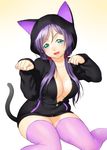  animal_ears animal_hood blush breasts cat_hood cat_tail cleavage green_eyes hood hoodie large_breasts long_hair looking_at_viewer love_live! love_live!_school_idol_project naked_hoodie onsoku_maru open_mouth paw_pose purple_hair purple_legwear sitting smile solo tail thighhighs toujou_nozomi twintails wariza 