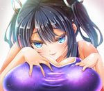  black_hair blue_eyes breasts cyanomirahi female gradient gradient_background highres huge_breasts kantai_collection long_hair looking_at_viewer pov school_swimsuit seductive_smile solo souryuu_(kantai_collection) swimsuit twintails upper_body wet 
