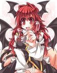  1girl :d blush cowgirl_position demon_girl demon_tail demon_wings fang girl_on_top head_wings hetero koakuma long_hair low_wings mumumu open_mouth pov_crotch red_eyes red_hair slit_pupils smile solo_focus straddling tail tail_wrap touhou trembling tweezers v-shaped_eyebrows very_long_hair wings 