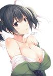  2015 bandana bangs bare_shoulders black_hair breasts brown_eyes cleavage collarbone dated eyebrows_visible_through_hair hair_ribbon japanese_clothes kantai_collection large_breasts looking_at_viewer looking_to_the_side off_shoulder parted_lips remodel_(kantai_collection) ribbon shiny shiny_skin short_hair simple_background smile solo souryuu_(kantai_collection) tomozo_kaoru twintails twitter_username upper_body white_background white_ribbon 