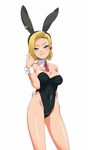  android_18 artist_request blonde_hair blue_eyes blush breasts bunnysuit cuffs dragon_ball dragonball_z earrings erect_nipples grin jewelry kyosu looking_at_viewer simple_background smile solo 