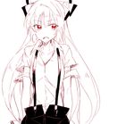  bow collared_shirt fujiwara_no_mokou hair_bow hands_in_pockets long_hair looking_away looking_to_the_side open_mouth red_eyes shirt six_(fnrptal1010) sketch solo spot_color suspenders torn_clothes torn_sleeves touhou upper_body 
