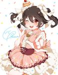  ;d \m/ bad_id bad_pixiv_id black_hair blush character_name collared_shirt confetti cupcake double_\m/ dress food food_on_head heart love_live! love_live!_school_idol_project object_on_head one_eye_closed open_mouth purin_(purin0) red_eyes shirt smile solo striped twintails vertical-striped_dress vertical_stripes yazawa_nico 