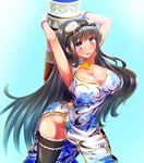  black_eyes black_hair black_legwear breasts china_dress chinese_clothes cleavage dress gloves goggles goggles_on_head granblue_fantasy highres jessica_(granblue_fantasy) large_breasts long_hair side_slit solo stir255 thighhighs white_gloves 