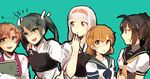  akigumo_(kantai_collection) akizuki_(kantai_collection) bad_id bad_pixiv_id bandaid bandaid_on_face black_hair brown_eyes brown_hair green_eyes hairband japanese_clothes kantai_collection long_hair multiple_girls muneate oboro_(kantai_collection) pomuta_(tama922) ponytail short_hair shoukaku_(kantai_collection) silver_hair sketchbook twintails uniform zuikaku_(kantai_collection) 