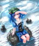  blue_eyes blue_hair breasts cleavage dutch_angle flat_cap hair_bobbles hair_ornament hand_on_own_forehead hat highres kawashiro_nitori large_breasts looking_at_viewer open_clothes open_shirt ripples shirt short_hair short_sleeves sitting sitting_on_rock skirt smile soaking_feet solo stream thcapenxer1234 touhou two_side_up undershirt wet wet_clothes 