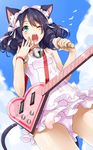 animal_ears bird black_hair blue_sky cat_ears cat_tail cloud cloudy_sky curly_hair cyan_(show_by_rock!!) day double_flare_skirt_one-piece drill_hair food frilled_swimsuit frills green_eyes guitar highres ice_cream instrument kinsenka nontraditional_school_swimsuit one-piece_swimsuit outdoors ringlets school_swimsuit show_by_rock!! sky strawberry_heart swimsuit tail white_school_swimsuit white_swimsuit 