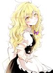  apron black_dress blonde_hair blush braid commentary dress kirisame_marisa long_hair looking_at_viewer messy_hair no_hat no_headwear outstretched_hand puffy_short_sleeves puffy_sleeves rosette_(roze-ko) shirt short_sleeves single_braid smile solo touhou waist_apron 