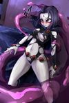  areola_slip areolae ass_visible_through_thighs bad_id bad_pixiv_id blush breasts cameltoe cape dc_comics forehead_jewel highres hood hood_down leotard medium_breasts navel pale_skin purple_hair raven_(dc) ray-k slime solo teen_titans thick_thighs thighs torn_clothes torn_leotard underboob 