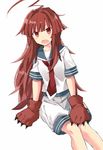  ahoge brown_eyes brown_hair gloves kantai_collection kuhotaka kuma_(kantai_collection) long_hair paw_gloves paws school_uniform serafuku solo 