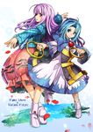  back-to-back blue_eyes blue_hair bow bubble_skirt character_name expressionless hata_no_kokoro hood hoop kumoi_ichirin long_hair long_sleeves looking_at_viewer looking_back mask multiple_girls outstretched_arms petals pink_eyes pink_hair shirt skirt smile touhou umigarasu_(kitsune1963) very_long_hair wide_sleeves 